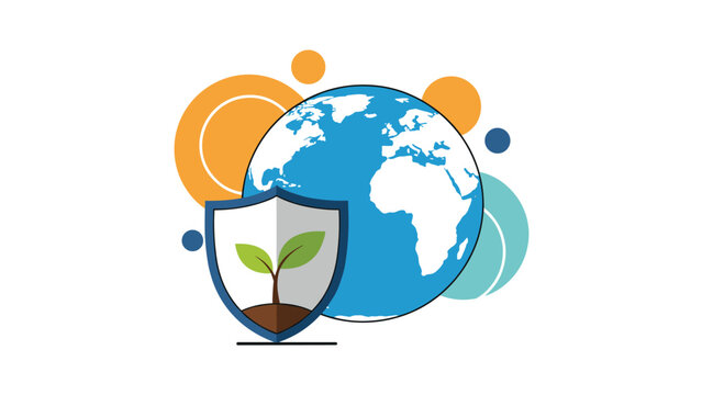 Environmental protection and global sustainability concept shows a shield with a green sprout in front of a blue earth globe.
