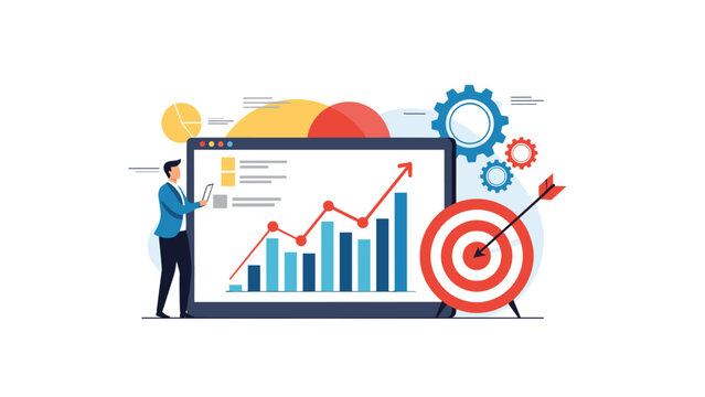Business performance tracking and target achievement shown with a professional man looking at data charts and a red bullseye.
