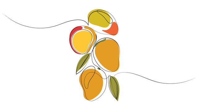Continuous line art of mango with leaves against a clean white background. Ideal for healthy lifestyle, nutrition, fresh produce, food marketing, and wellness advertising.
