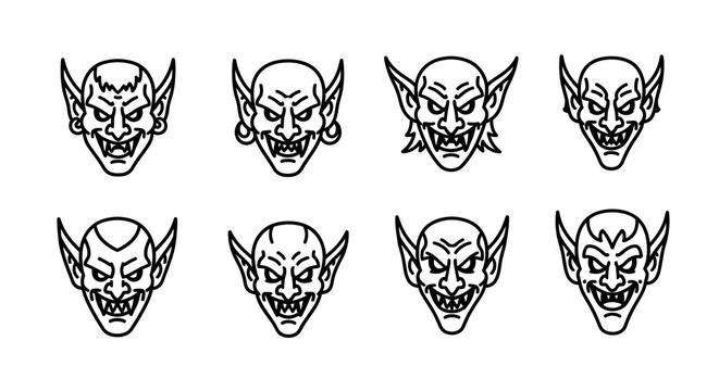Set of fantasy goblin and demon head line art icons