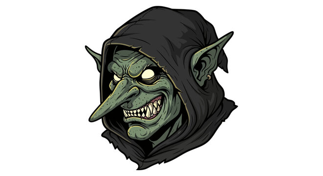 Fantasy Creature Character Face Detailed Green Skin Pointed Nose Sharp Teeth Dark Hooded Cloak Scary Villain Monster Profile Headshot Design Element