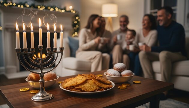 Family celebrating Hanukkah at home with lit menorah and traditional food for first night of Hanukkah holiday celebration concept in warm living room with blurred background