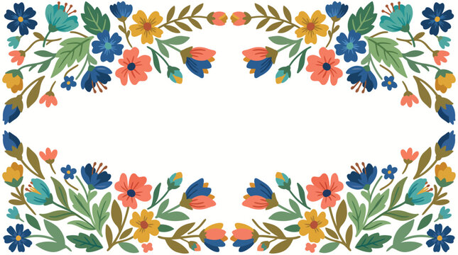 Colorful symmetrical floral border frame with vibrant blue, yellow, orange and green blossoms on a white background, decorative plant pattern for invitations and designs