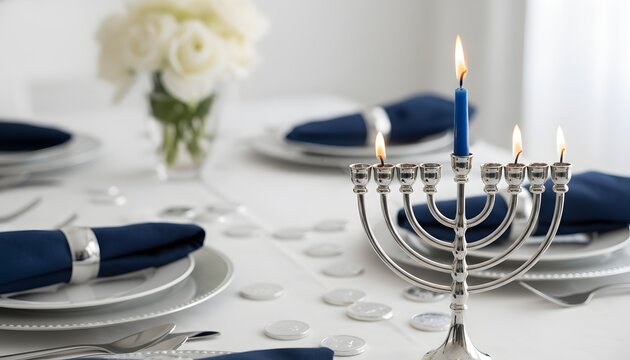 Silver menorah with burning blue candles on a festive holiday table setting blue and silver for the first night of Hanukkah celebration concept with elegant decor