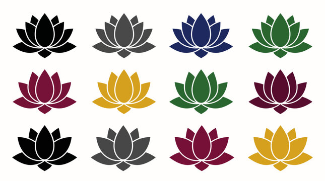Row of colorful lotus icons in multiple hues for branding, spirituality, wellness, and decorative design