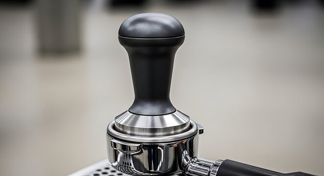 Close-up of a black and silver espresso tamper being used to press coffee grounds in a portafilter basket.