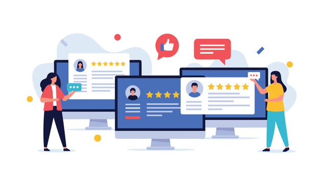Customer testimonial platform shows multiple computer monitors with user profiles and positive star ratings from users.