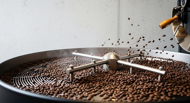 Close-up of freshly roasted coffee beans tumbling in a large industrial coffee roaster machine.