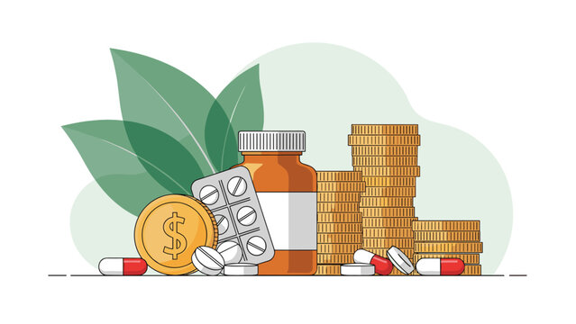 Healthcare costs and medical expenses concept features a medicine bottle and pills next to stacks of gold coins.