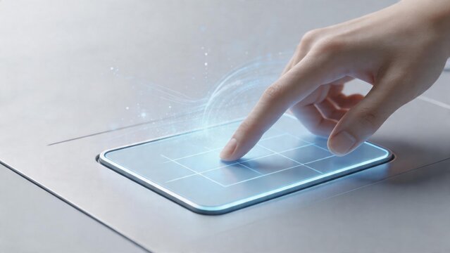 Hand interacting with futuristic touch screen