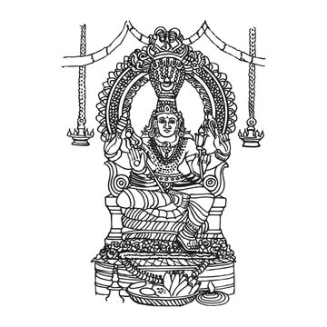 Goddess Mariamman Hindu Deity Seated on Throne with Snake Hood Line Art Illustration