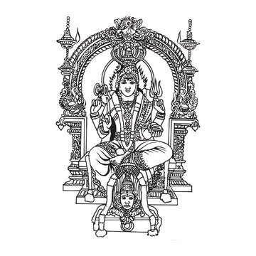 Goddess Mariamman Hindu Deity Seated on Ornate Throne Line Art Illustration
