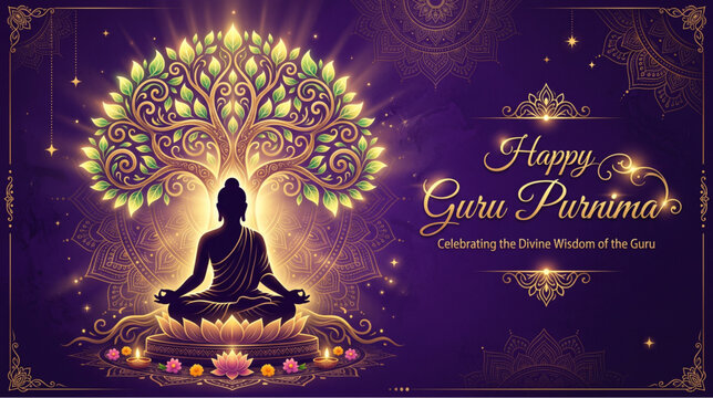 Guru purnima meditation illustration with glowing spiritual tree and divine aura representing wisdom devotion and enlightenment for greeting banner poster background culture design