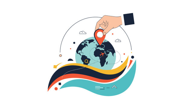 Global logistics and destination tracking concept featuring a human hand placing a location pin on a circular world globe.