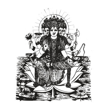 Hindu Goddess Gayatri Devi Five Faced Sitting on Lotus Illustration