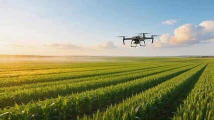 Fototapeta premium Drone flying over green crop field
