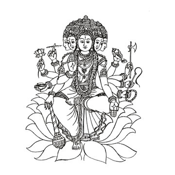 Lord Murugan Karthikeya with Six Heads Seated on Lotus Line Art Illustration