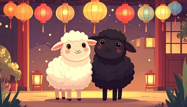 Two cartoon sheep standing together