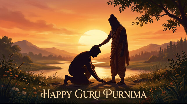 Guru purnima spiritual scene with disciple touching feet of guru at sunrise in nature landscape expressing devotion respect and gratitude for greeting banner poster design