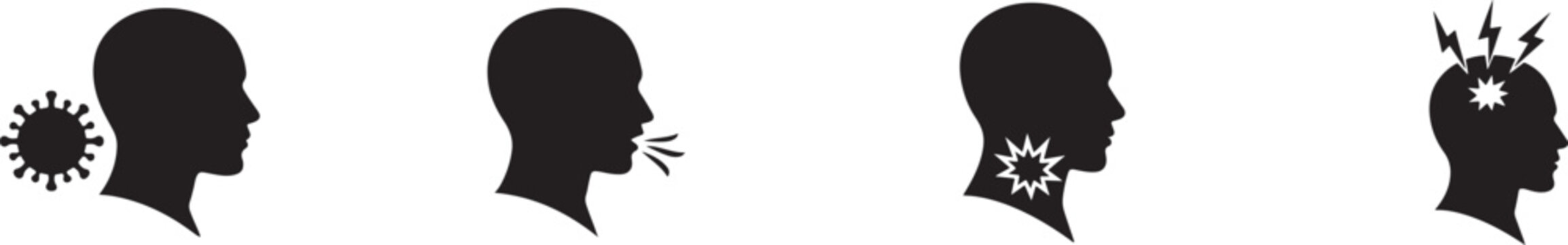 Disease symptoms and virus icon set featuring medical signs, illness visuals, and healthcare outline symbols