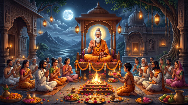 Guru purnima festival celebration with devotees worshipping guru in temple courtyard with fire ritual and offerings for greeting banner poster background and indian culture design