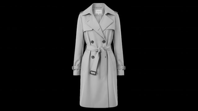 Light gray double-breasted trench coat with a waist belt, lapel collar, and button closures, isolated against a solid black background