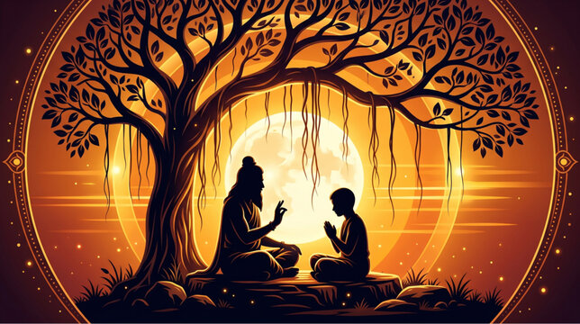 Guru purnima spiritual illustration with guru teaching disciple under sacred tree with glowing moonlight symbolizing wisdom devotion and enlightenment for greeting banner design