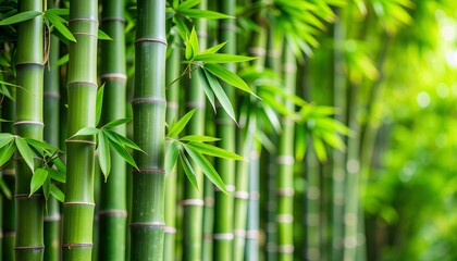 Obraz premium A serene view of a dense green bamboo forest, featuring tall stalks and fresh leaves bathed in soft, natural light for a peaceful atmosphere.