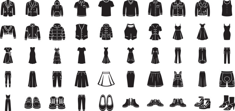 Modern women and men dress icon set featuring clothing symbols, fashion outlines, and apparel elements