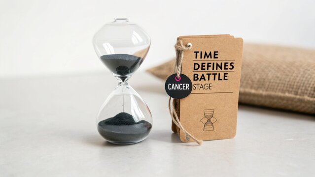 Glass Hourglass with Sand and Cancer Stage Tag Representing Time's Passage