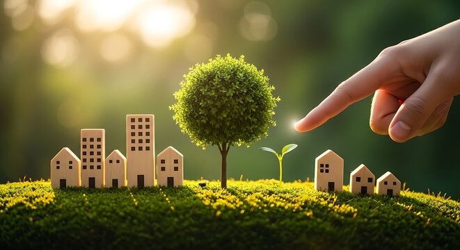 Hand's touch nurturing miniature wooden buildings and a growing seedling in a lush green environment, symbolizing eco-friendly urban development and sustainable growth.