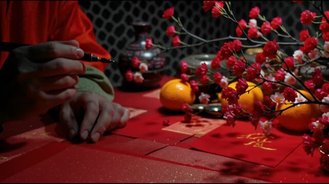 Chinese Calligraphy Writing Spring Festival Blessing on Red Paper