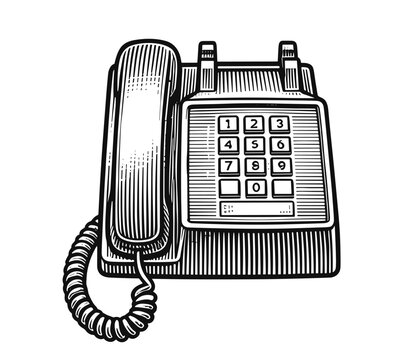 Telephone with rotary keypad and cord in vintage style. Hand drawn vintage engraved, vector illustration.