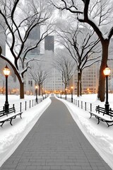 Fototapeta premium Central Park winter scene with snow-covered path, bare trees and glowing lamp posts in the city