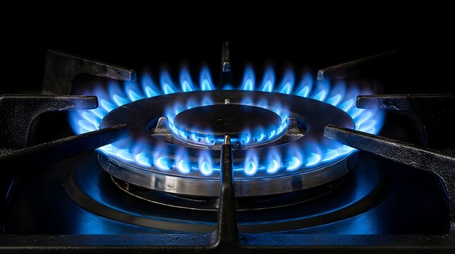 Close up of a modern gas stove burner with bright blue flames burning in the dark. Concept of natural gas, energy efficiency, domestic cooking, and kitchen appliance. Realistic 3D render.