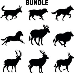 Obraz premium Bundle of wildlife animal silhouettes including deer and horse with silhouette