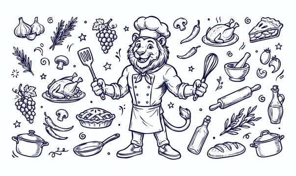 Vector doodle set of lion cowboy chef mascots with Western-themed kitchen elements and outdoor cooking scenes. Hand-drawn blue line art collection of cartoon characters and culinary icons