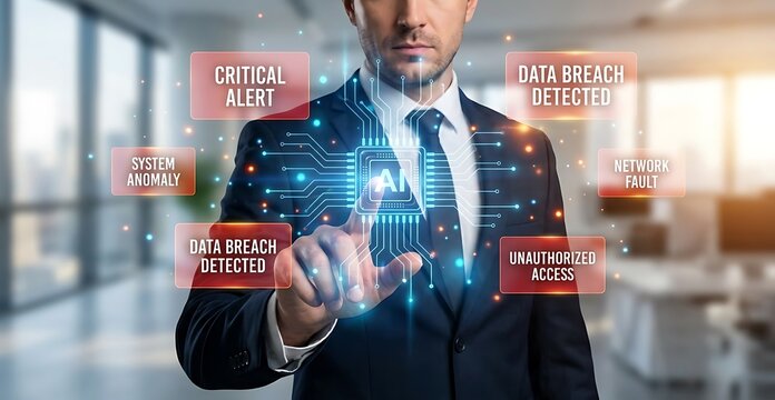 Businessman interacting with AI interface detecting critical alerts like data breach, system anomaly, network fault, and unauthorized access in cybersecurity.