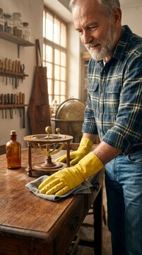 Senior man cleaning antique wooden table with yellow gloves