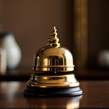 service bell in hotel room, Elegant Gold Reception Bell on Dark Wooden Counter in Luxurious Hotel Lobby