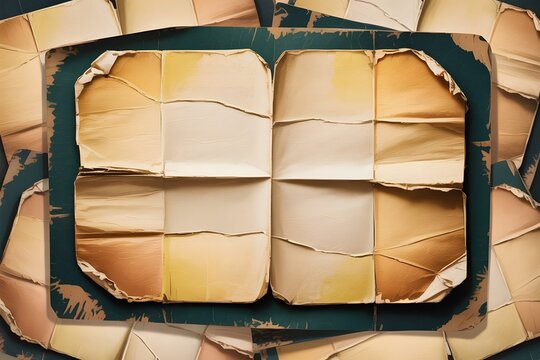 Vintage paper background, distressed texture, torn edges, beige and green hues, book page design element