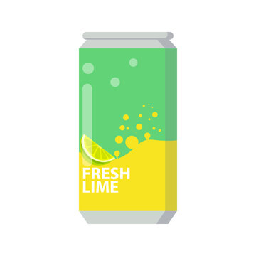 A vibrant illustration of a green and yellow soda can labeled 'FRESH LIME' with a lime slice and effervescent bubbles, representing a refreshing citrus beverage.
