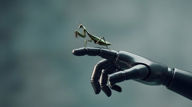 Robotic hand gently touching a beautiful delicate dragonfly