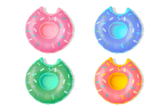 Four bright donut pool floats in vibrant colors, PNG