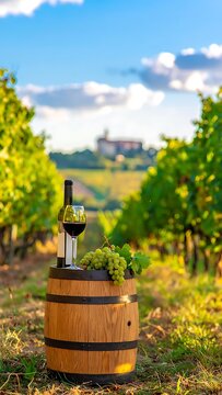 Wine bottle on a barrel in a vineyard