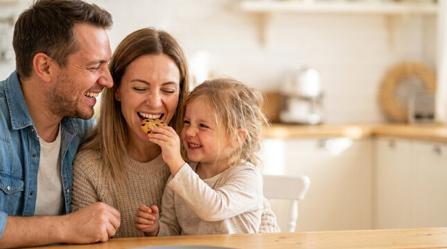 Joyful child feeding cookies to smiling parents in a warm kitchen setting, with soft natural light and cozy atmosphere