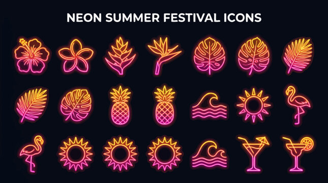 Highly detailed icon sheet with neon gradient summer flowers, strong color gradients