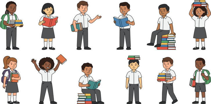Diverse Group of Students in Uniform Holding Books and Backpacks for Back to School Education Design Concepts
