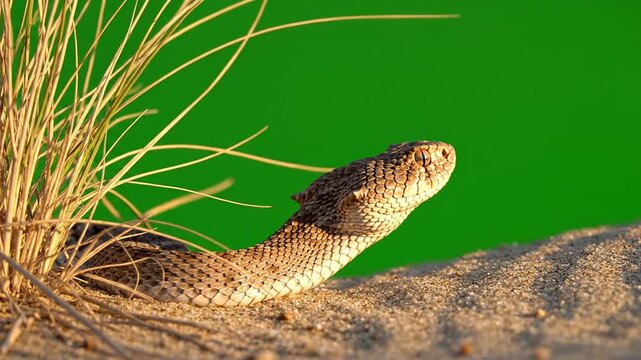 Close-Up View of a Snake Concealed in Sandy Terrain with Dry Grass Against Vibrant Green Background