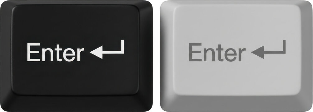 Two computer keyboard Enter keys one black with white lettering and the other light gray with dark gray lettering are displayed side by side technology input button hardware